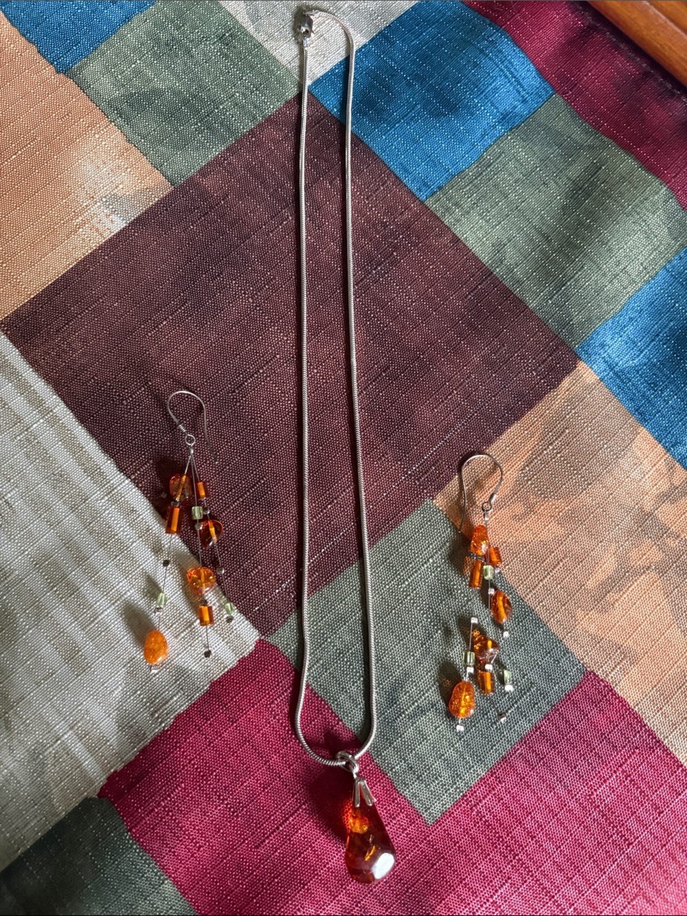 Silver-Chain Orange Glass Teardrop Necklace with Matching Earrings